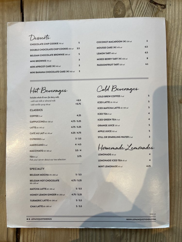 Menu Le Pain Quotidien Claremont