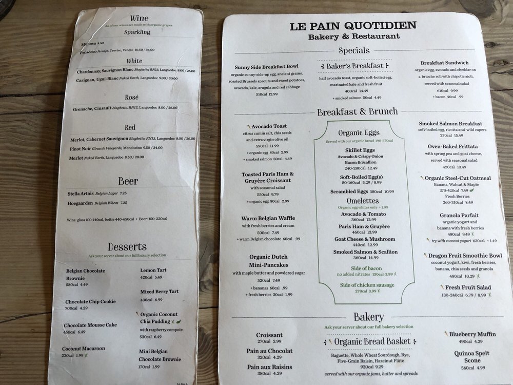 Menu Le Pain Quotidien Claremont