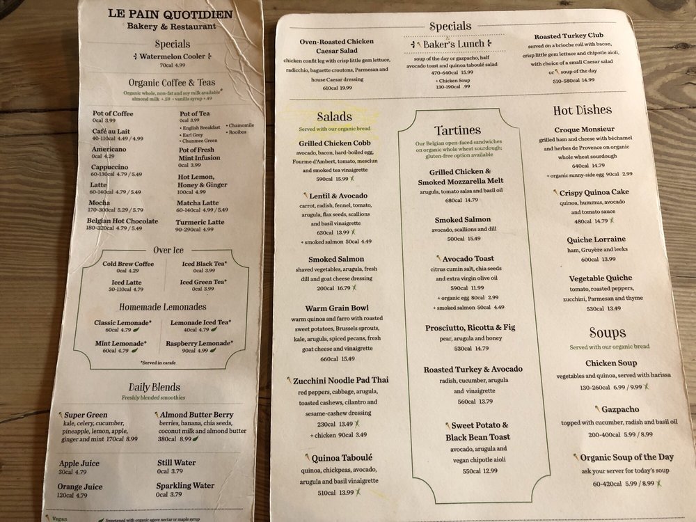 Menu Le Pain Quotidien Claremont